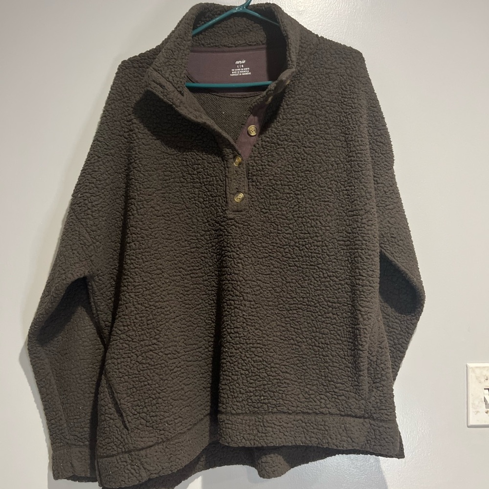 Aerie Chocolate Brown Fleece Button-Up Sweater